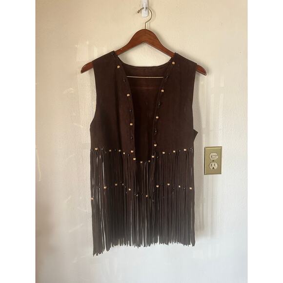 Vintage Leather Beaded Fringe Brown Vest - Picture 2 of 6